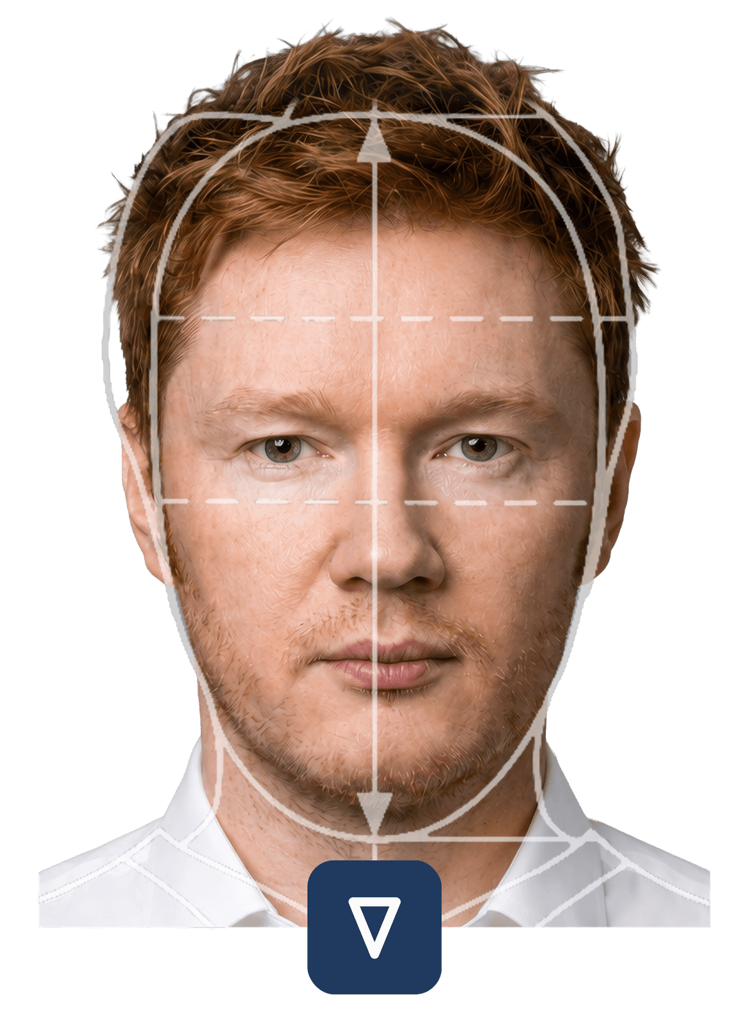 Biometrisches Passfoto-Portrait eines Mannes mit eingezeichneter VERID-Maskengeometrie