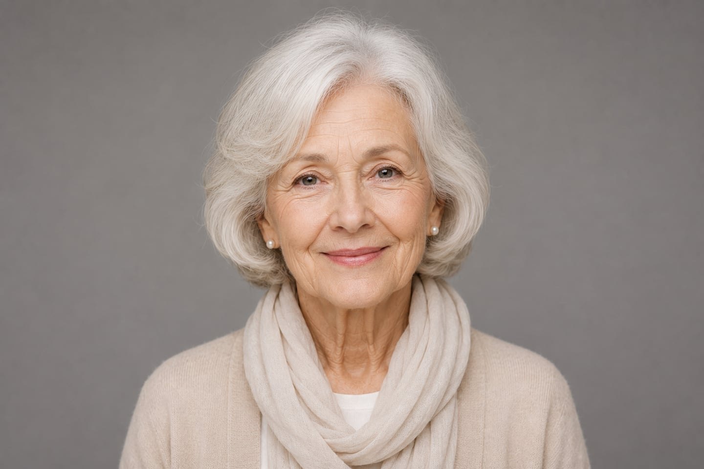 Studioporträt einer älteren Frau mit weißem, welligem Haar, hellem Schal und beigem Cardigan, freundlich in die Kamera blickend vor grauem Hintergrund.